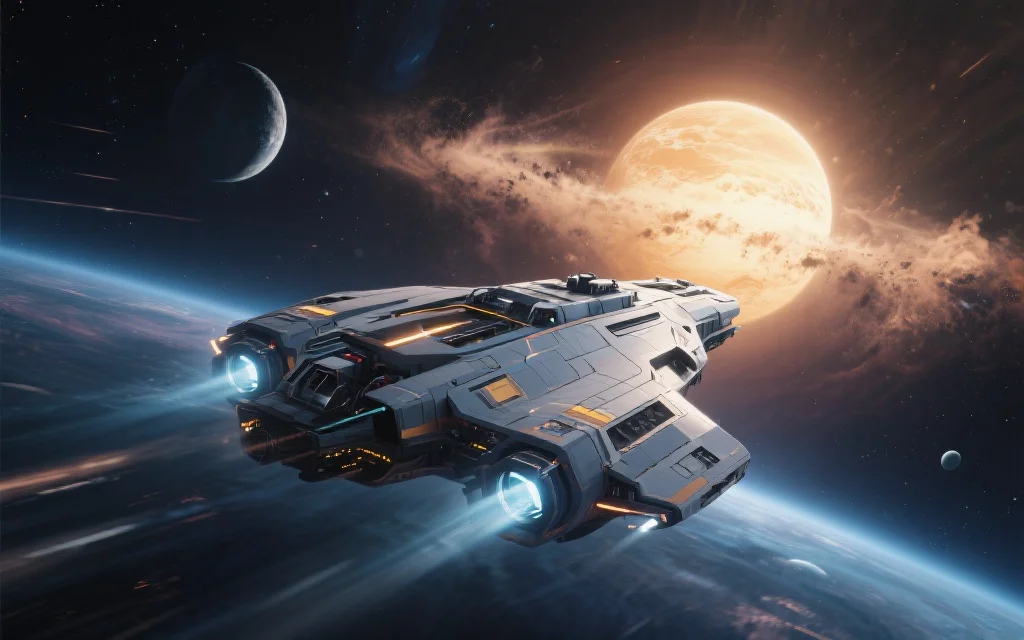一艘未来派太空飞船在星系之间穿梭，远处有明亮星球与宇宙尘埃